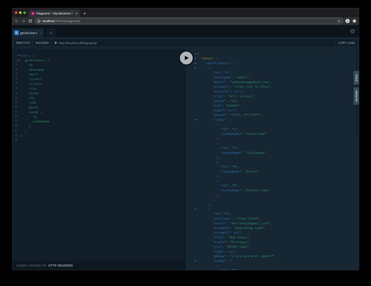 GraphQL Playground setup for a query
