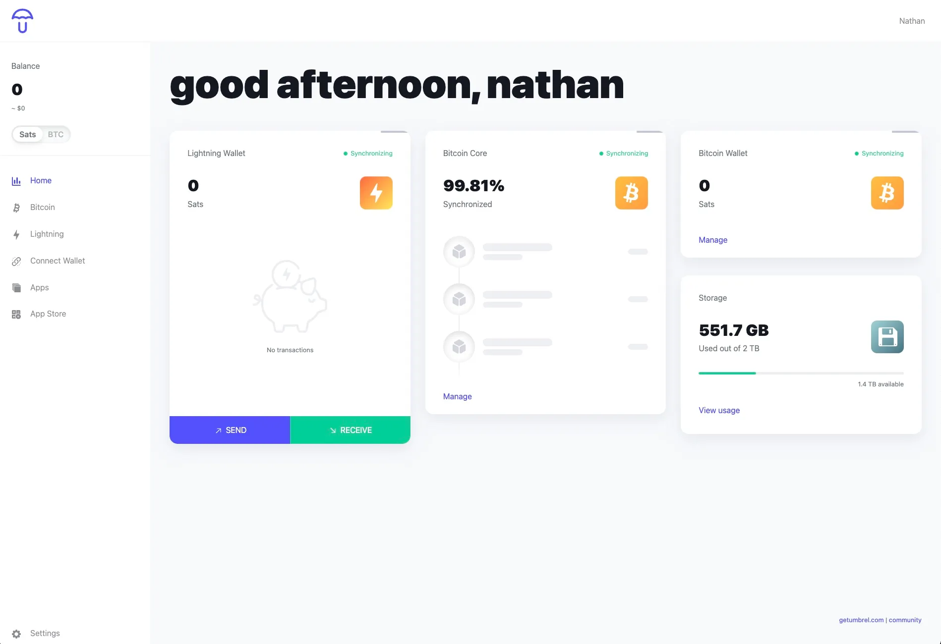 Umbrel Bitcoin dashboard