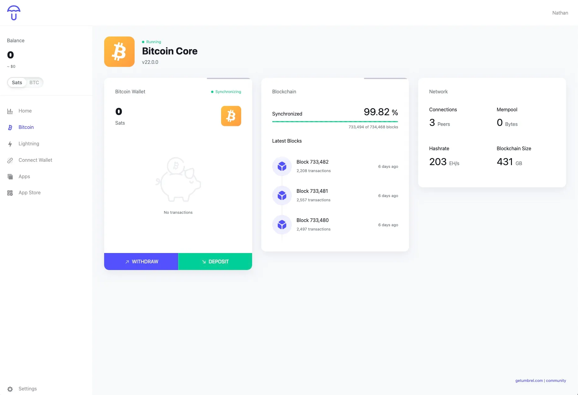 Umbrel dashboard while downloading Bitcoin blockchain