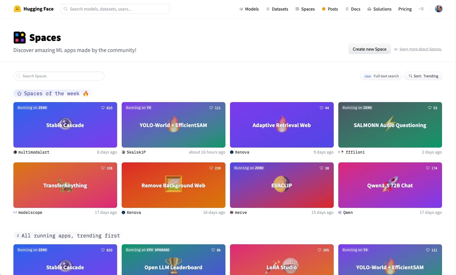 The Hugging Face homepage for Spaces